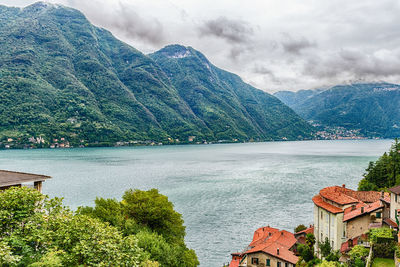 Scenic view of lake and mountains against sky