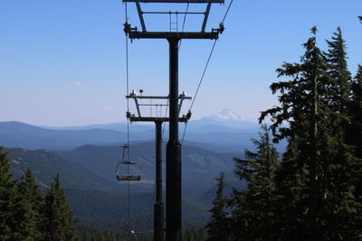 Low angle view of overhead cable car against sky