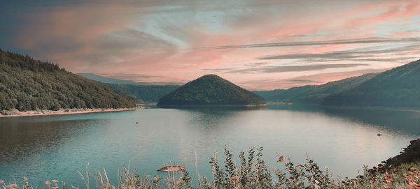 Beautifull valley with view to hill and lake, sunset light