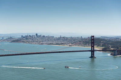 View of suspension bridge in city