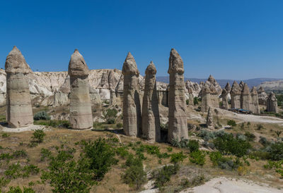Ruins of rock formations against blue sky