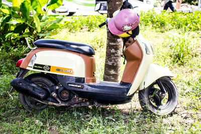 Low section of man with motorcycle on grass