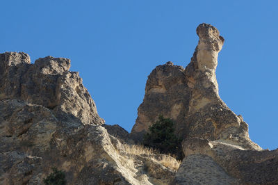 Low angle view of rock formation against clear blue sky