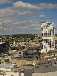 High angle view of buildings against sky