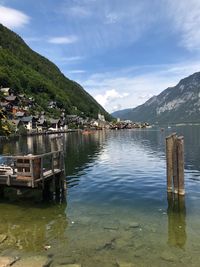 Scenic view of lake by mountain against sky