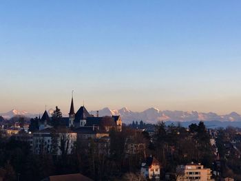 High angle view of townscape against sky at sunset