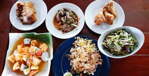 High angle view of meal served on table