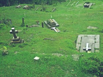 High angle view of cemetery on field