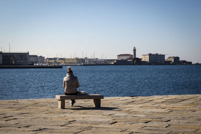 Rear view of man sitting on shore against clear sky