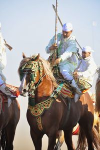 Rear view of man riding horse against sky