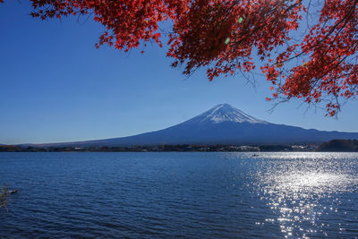 Scenic view of lake and mountains against clear blue sky