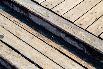 High angle view of wooden bench on boardwalk