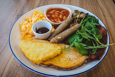 High angle view of food in plate on table