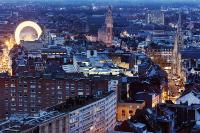 High angle view of illuminated cityscape at night