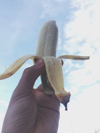 Close-up of hand holding apple against sky