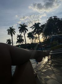 Palm trees on swimming pool at beach against sky