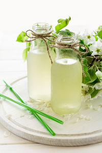 Close-up of fresh drink served on tray against white background