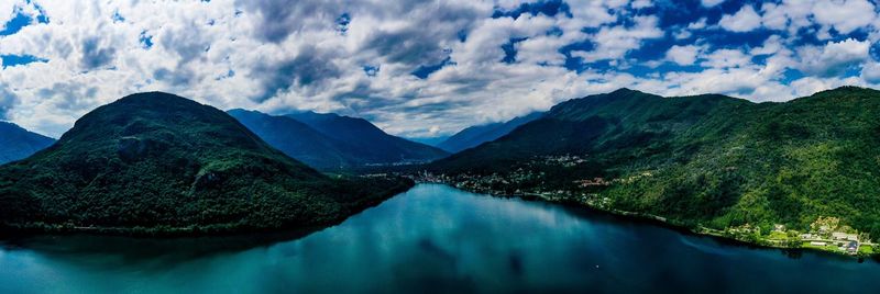 Panoramic view of lake and mountains against sky