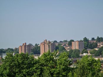 Trees and buildings against clear sky