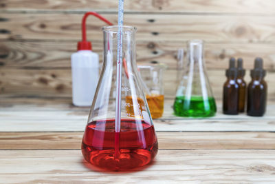 Close-up of laboratory equipment on table