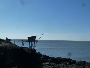 Scenic view of sea against clear blue sky