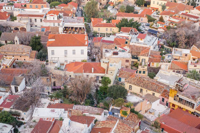 Aerial view of preserved historic buildings in the plaka neighborhood of athens, greece