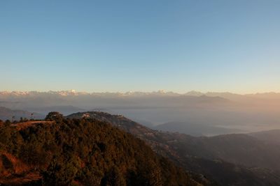 Scenic view of mountains against clear sky during sunset