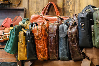 View of bags for sale at market stall