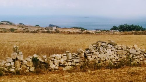 Hay bales on field against sky