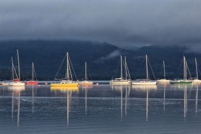 Sailboats in sea against sky