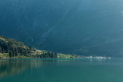 Scenic view of lake by mountains