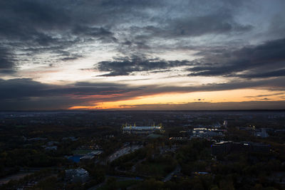 High angle view of townscape against sky during sunset