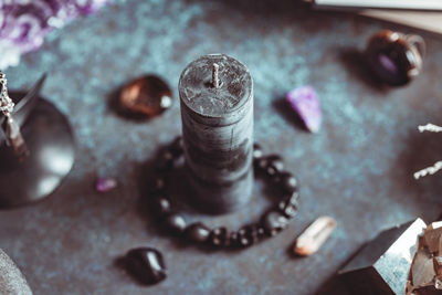 High angle view of candle on table