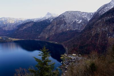 Scenic view of lake and mountains against sky