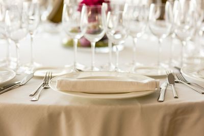 Drinking glasses on table in restaurant