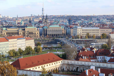 High angle view of buildings in city