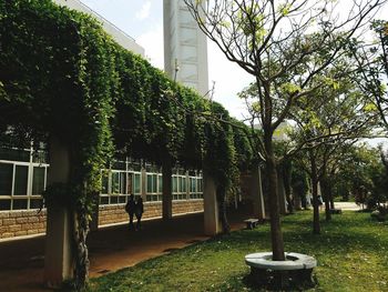 People walking on footpath by building