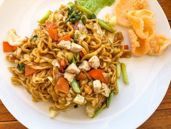 High angle view of  mie goreng meal served in plate