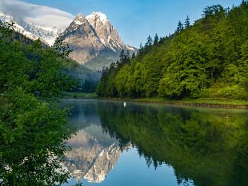 Scenic view of lake by trees against sky