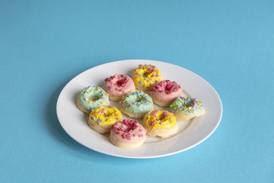 High angle view of dessert served on table