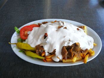 High angle view of food in plate on table