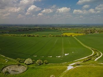 Scenic view of agricultural field against sky