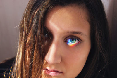 Close-up of spectrum falling on woman eye