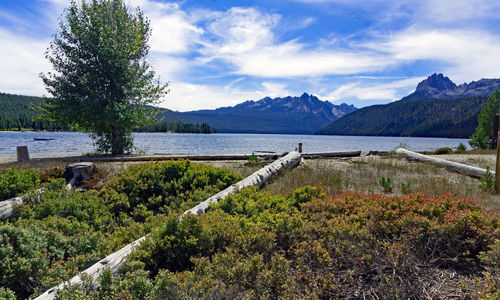 Scenic view of lake and mountains against sky