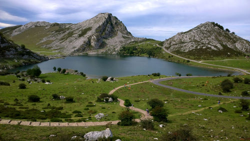 Lakes of covadonga and mountains against sky