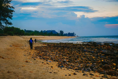 Rear view of man on beach against sky