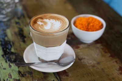 High angle view of coffee on table