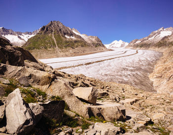 Scenic view of snowcapped mountains against clear blue sky