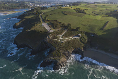 Ortiguera beach and navia from aerial view