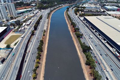 High angle view of cars on street in city